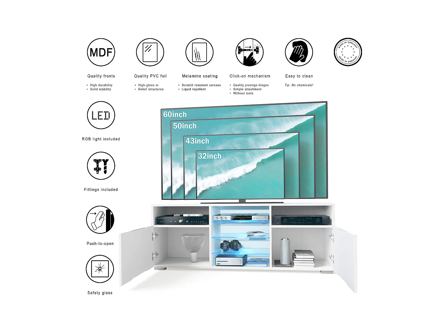 Meuble TV Granada, Lowboard avec 2 portes et 6 compartiments ouverts, corps blanc mat, façades en blanc mat avec éclairage LED RVB (146 x 54 x 35 cm)