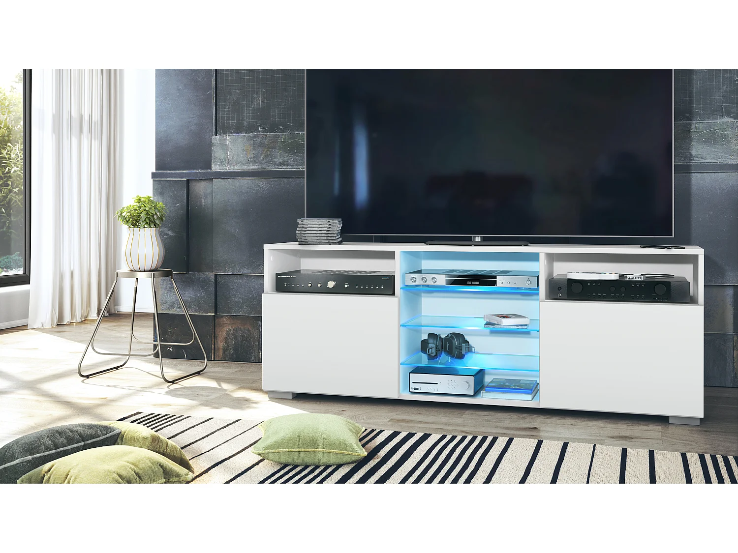 Mueble TV Granada, mueble bajo con 2 puertas y 6 compartimentos abiertos, cuerpo blanco mate, frentes en blanco mate con iluminación LED RGB (146 x 54 x 35 cm)