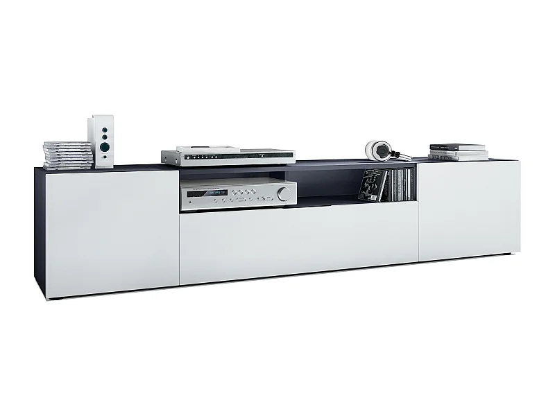 TV Board Mogan 181 x 39 x 35 cm, lavagna lunga con 6 scomparti, corpo in antracite opaco, frontali in bianco opaco