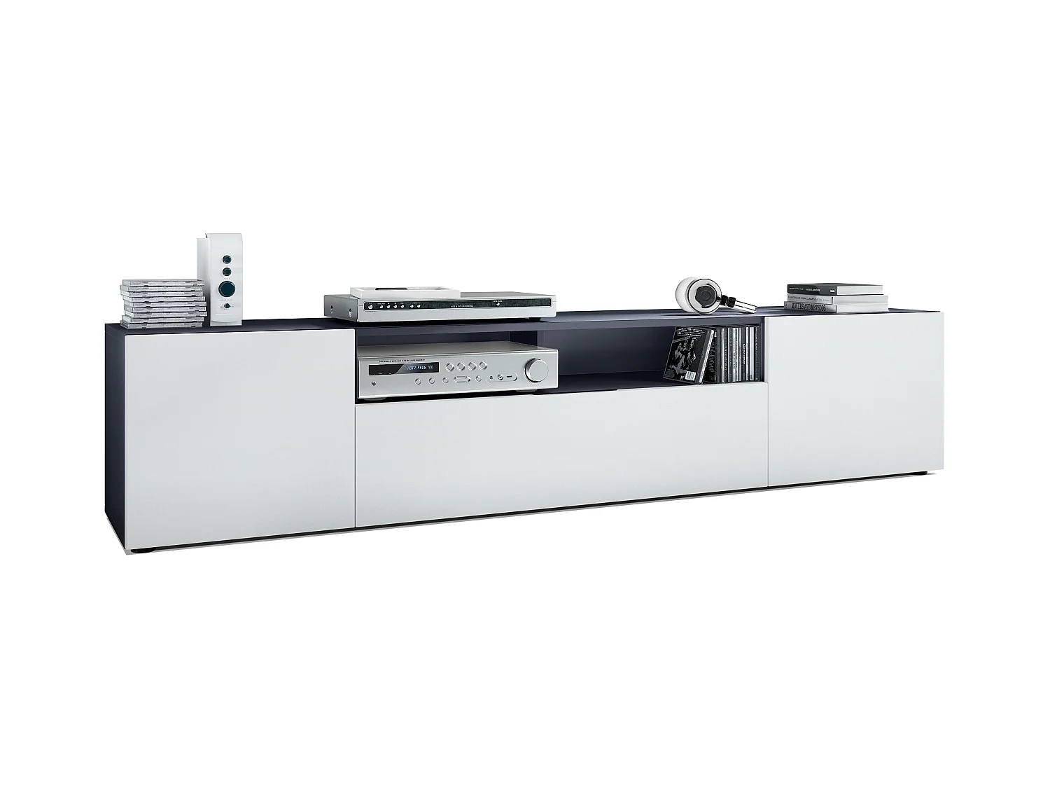 Meuble TV Mogan 181 x 39 x 35 cm, lowboard long avec 6 compartiments, caisson en anthracite mat, façades en Blanc mat