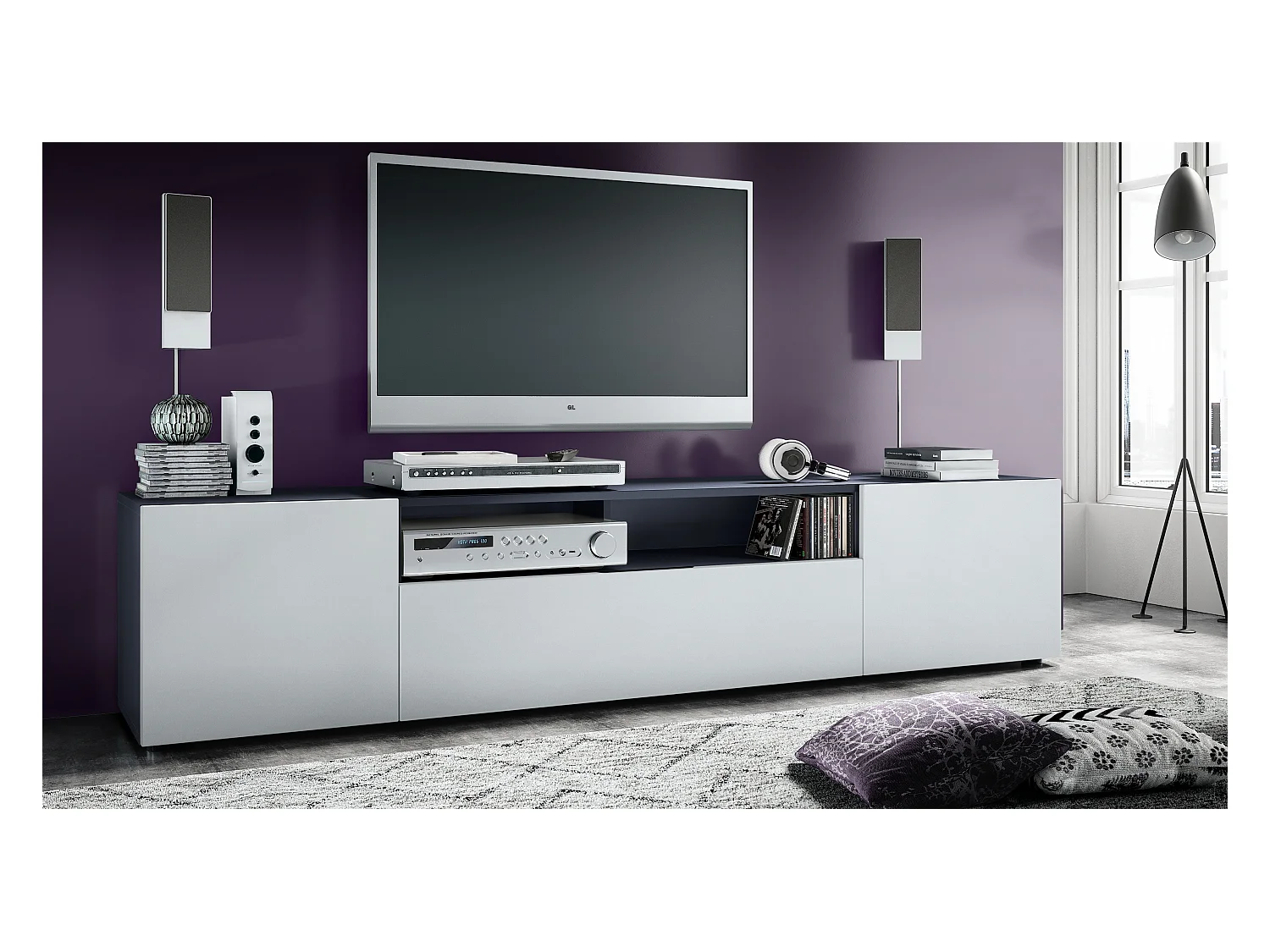 Meuble TV Mogan 181 x 39 x 35 cm, lowboard long avec 6 compartiments, caisson en anthracite mat, façades en Blanc mat