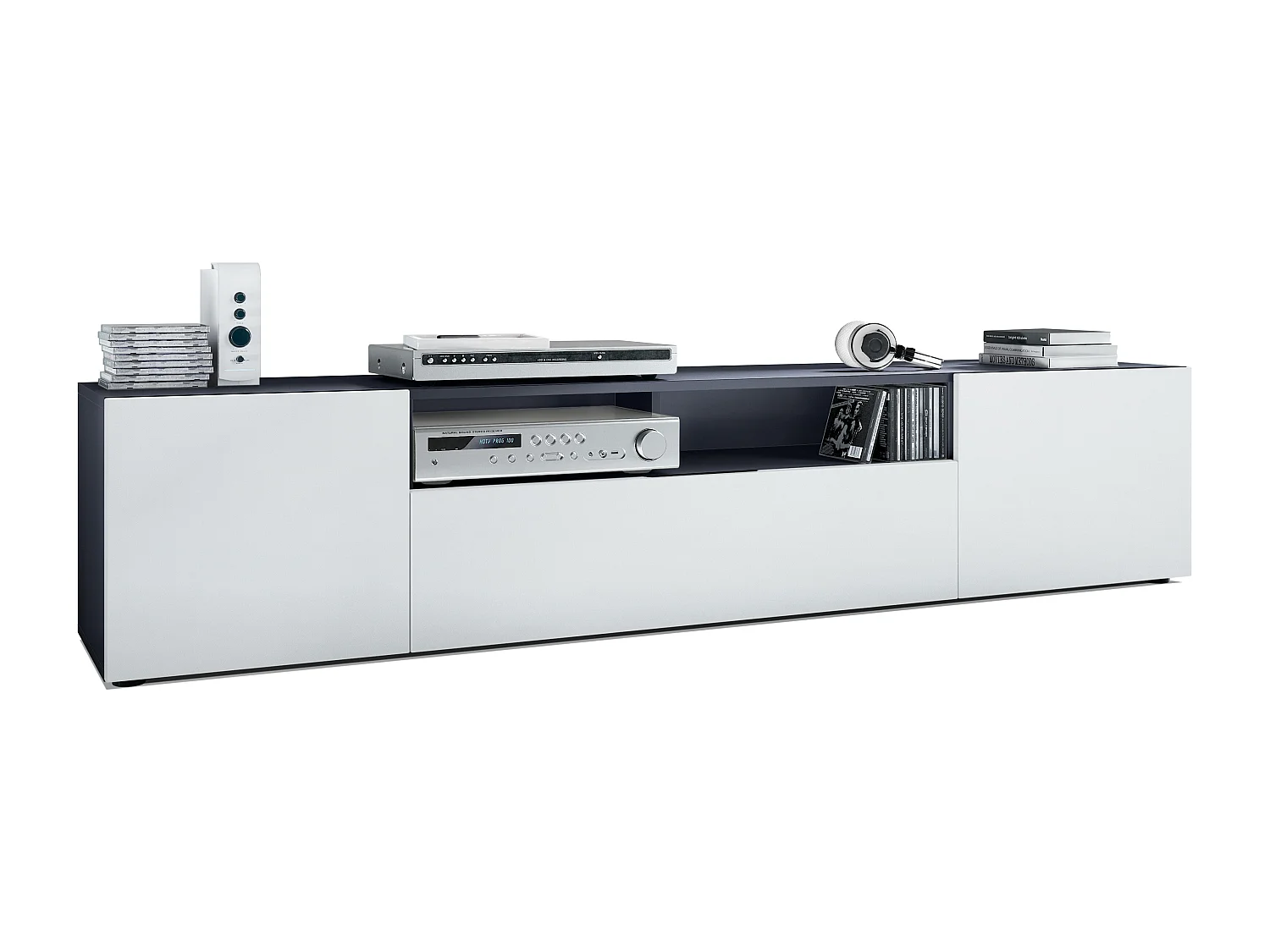 TV Board Mogan 181 x 39 x 35 cm, lavagna lunga con 6 scomparti, corpo in antracite opaco, frontali in bianco opaco