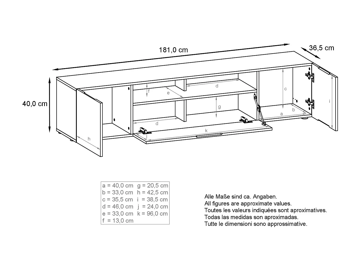 TV Board Mogan 181 x 39 x 35 cm, lavagna lunga con 6 scomparti, corpo in antracite opaco, frontali in bianco opaco