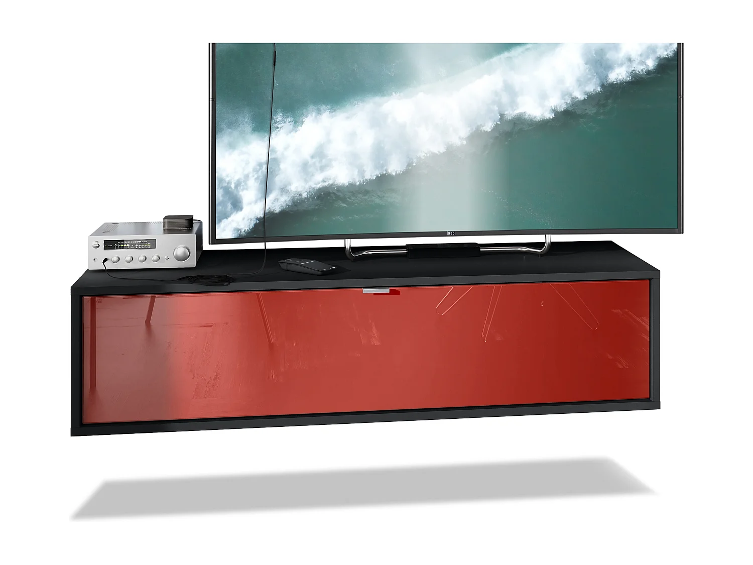 Meuble TV Lana 120 armoire murale lowboard 120 x 29 x 37 cm, caisson en Noir mat, façades en bordeaux haute brillance | Grand choix de couleurs