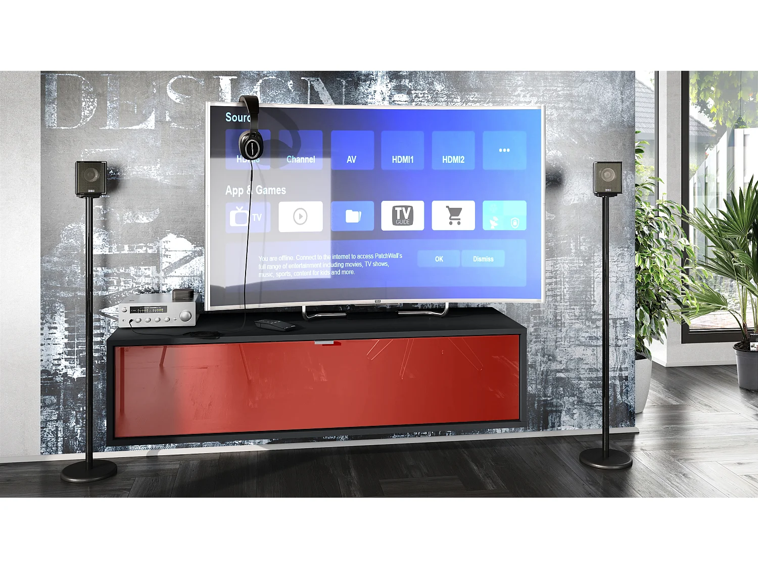 Meuble TV Lana 120 armoire murale lowboard 120 x 29 x 37 cm, caisson en Noir mat, façades en bordeaux haute brillance | Grand choix de couleurs