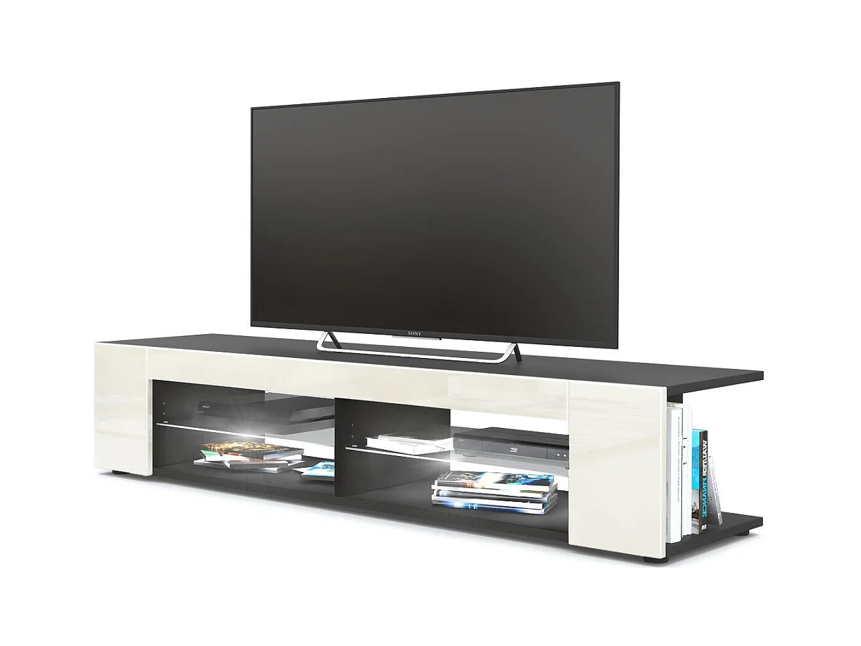 Buffet bas Movie, Meuble TV avec 4 compartiments ouverts et placages décoratifs, Noir mat/Crème brillant, éclairage LED blanc inclus (134 x 29 x 39 cm)