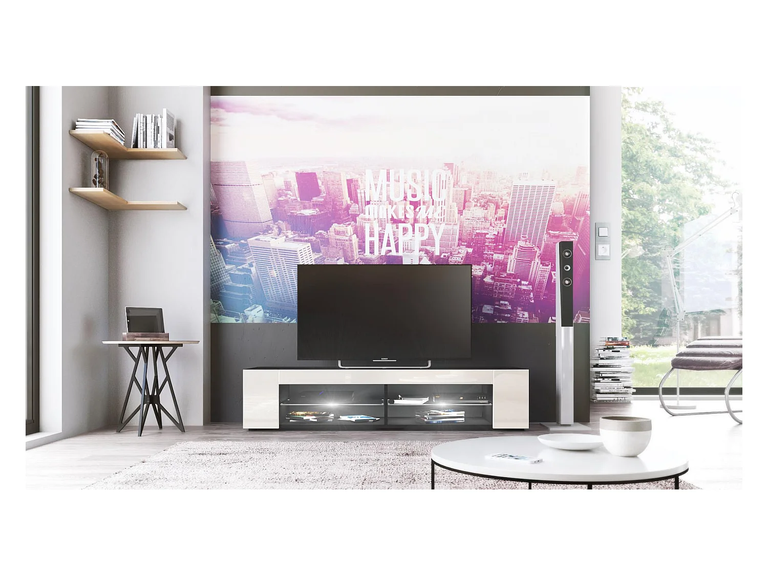 Buffet bas Movie, Meuble TV avec 4 compartiments ouverts et placages décoratifs, Noir mat/Crème brillant, éclairage LED blanc inclus (134 x 29 x 39 cm)
