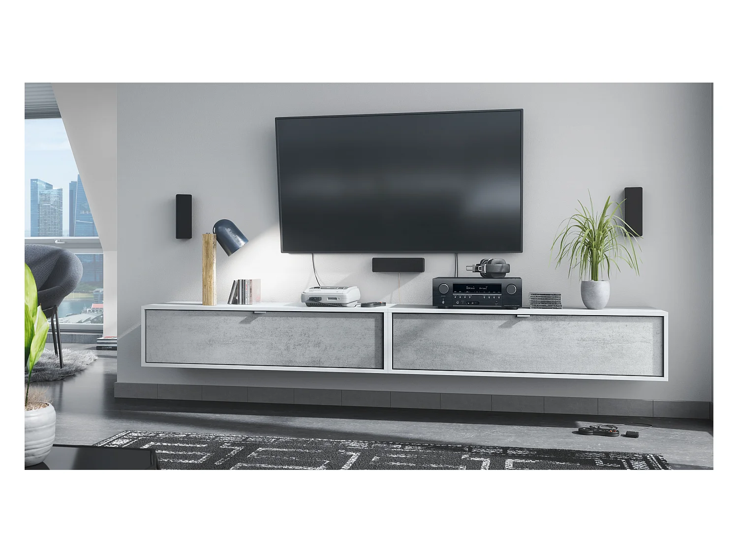 Ensemble de 2 set meuble TV Lana 120, lowboards de 120x29x37 cm chacun avec beaucoup d'espace de rangement, caisson en Blanc mat, façades en Aspect Béton Oxyde
