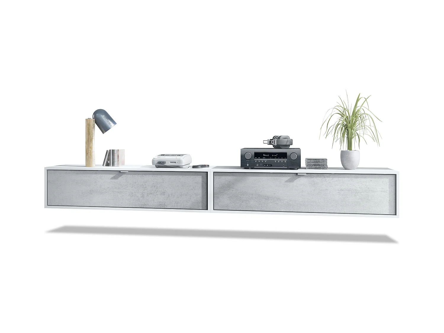Ensemble de 2 set meuble TV Lana 120, lowboards de 120x29x37 cm chacun avec beaucoup d'espace de rangement, caisson en Blanc mat, façades en Aspect Béton Oxyde