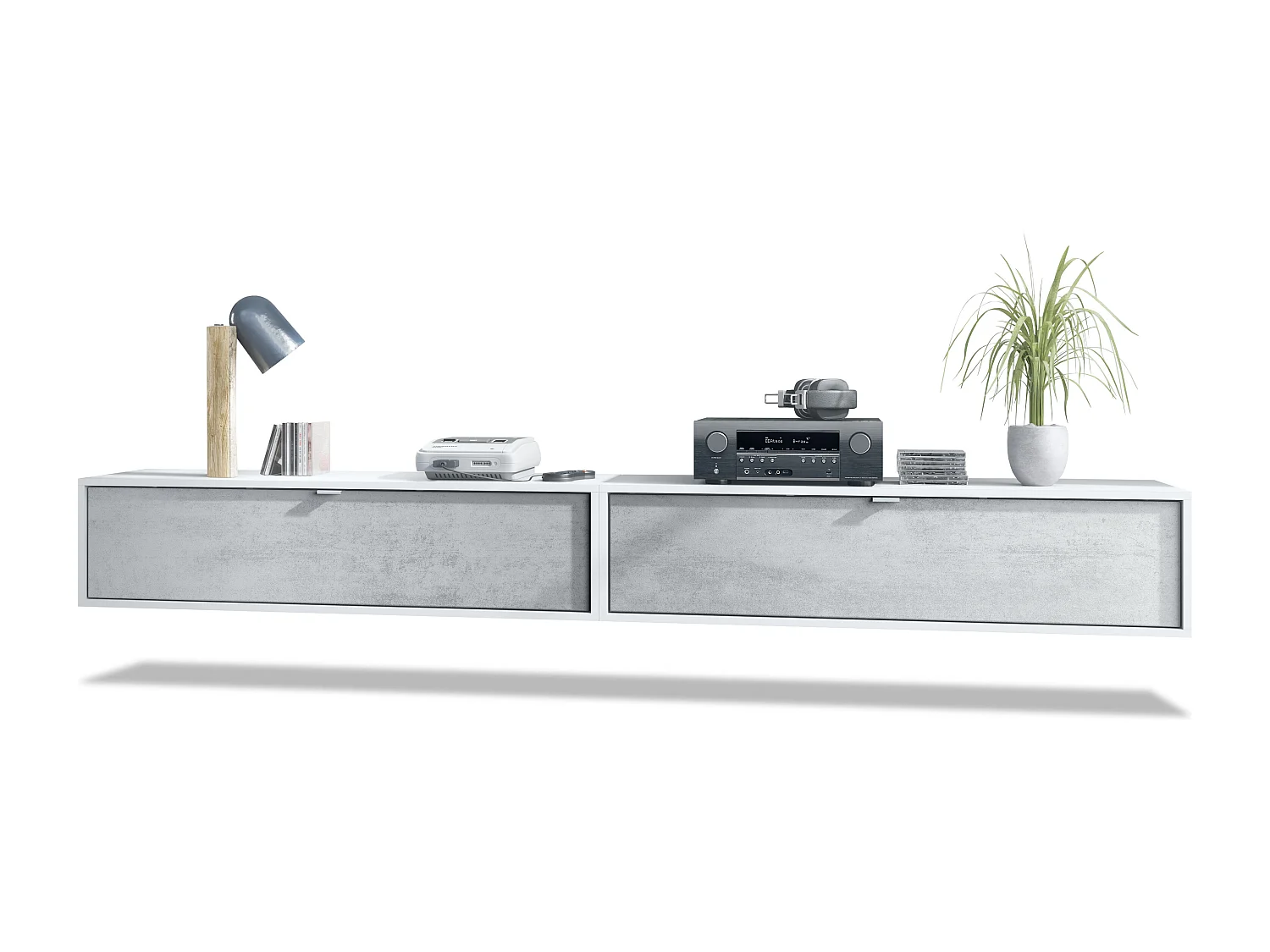 Ensemble de 2 set meuble TV Lana 120, lowboards de 120x29x37 cm chacun avec beaucoup d'espace de rangement, caisson en Blanc mat, façades en Aspect Béton Oxyde