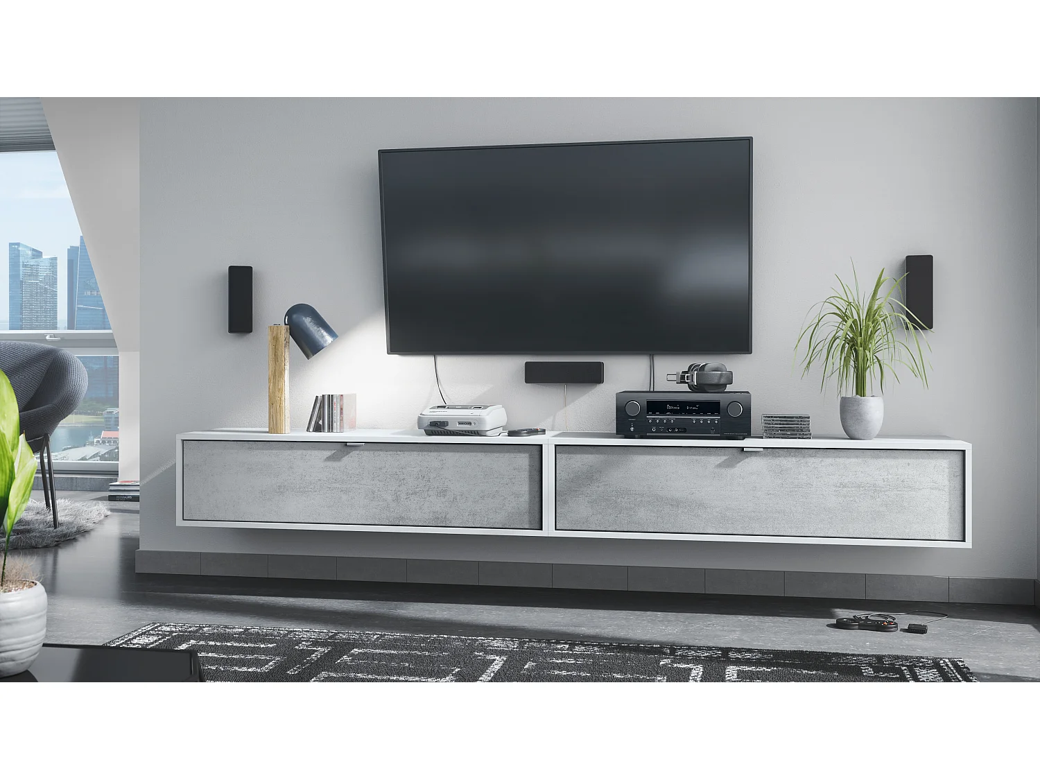 Ensemble de 2 set meuble TV Lana 120, lowboards de 120x29x37 cm chacun avec beaucoup d'espace de rangement, caisson en Blanc mat, façades en Aspect Béton Oxyde
