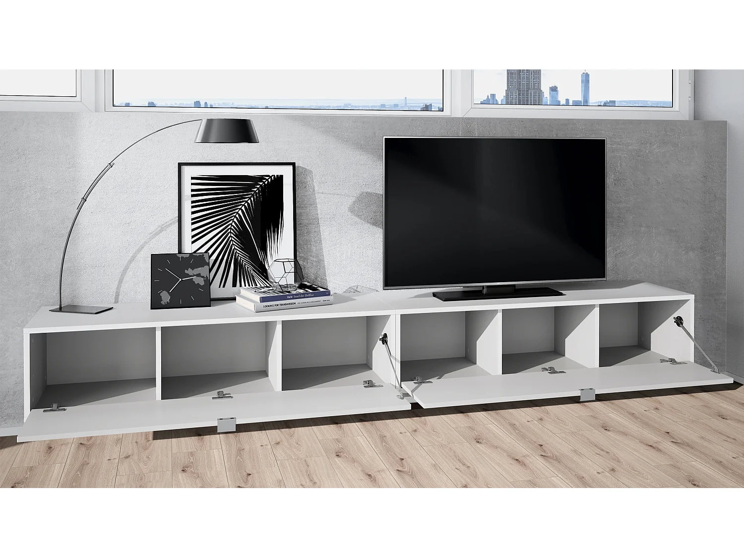 Ensemble de 2 set meuble TV Lana 120, lowboards de 120x29x37 cm chacun avec beaucoup d'espace de rangement, caisson en Blanc mat, façades en Aspect Béton Oxyde