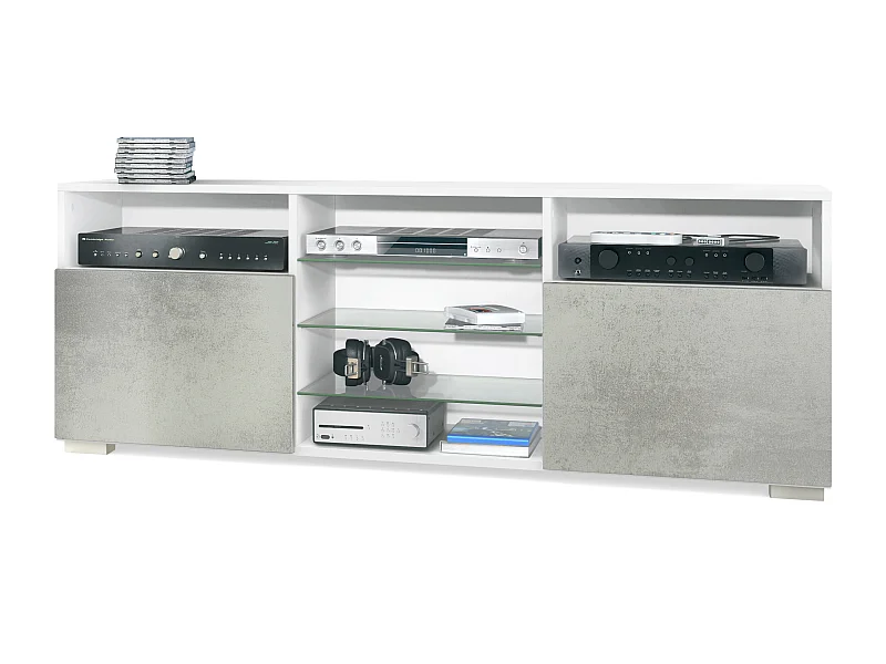 Tavolino TV Granada, mobile per televisore con 2 ante e 6 vani a giorno, mobile bianco opaco, frontali in ottica cermento ossido (146 x 54 x 35 cm)