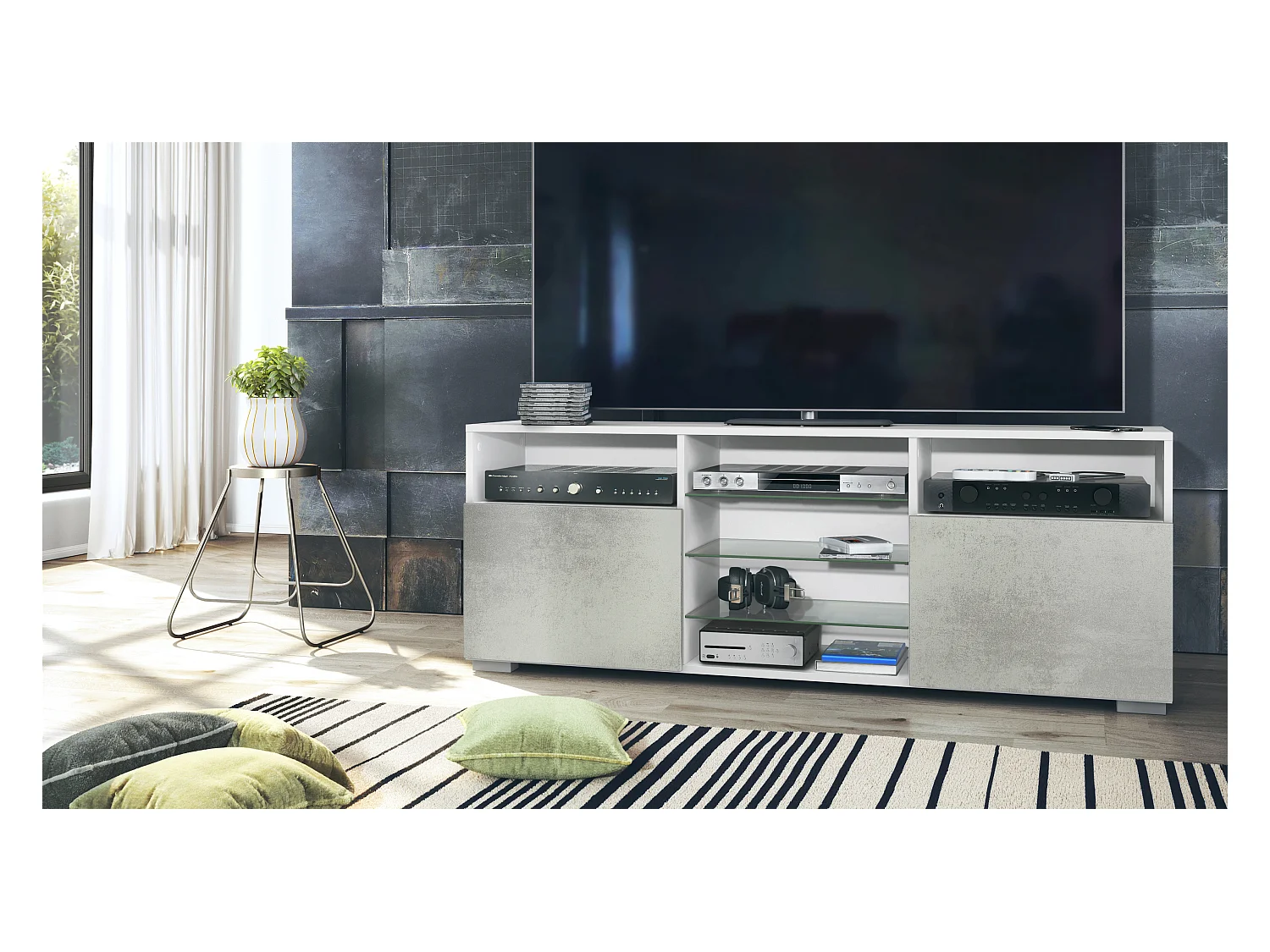 Meuble TV Granada, Lowboard avec 2 portes et 6 compartiments ouverts, corps blanc mat, façades en aspect béton oxyde (146 x 54 x 35 cm)