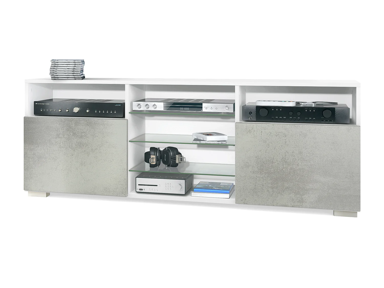 Meuble TV Granada, Lowboard avec 2 portes et 6 compartiments ouverts, corps blanc mat, façades en aspect béton oxyde (146 x 54 x 35 cm)