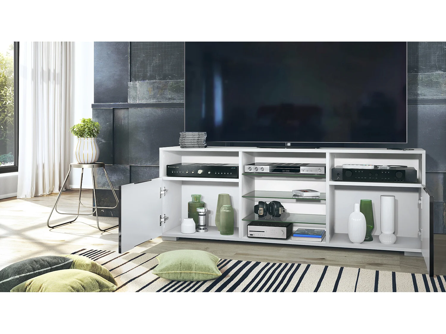 Meuble TV Granada, Lowboard avec 2 portes et 6 compartiments ouverts, corps blanc mat, façades en aspect béton oxyde (146 x 54 x 35 cm)