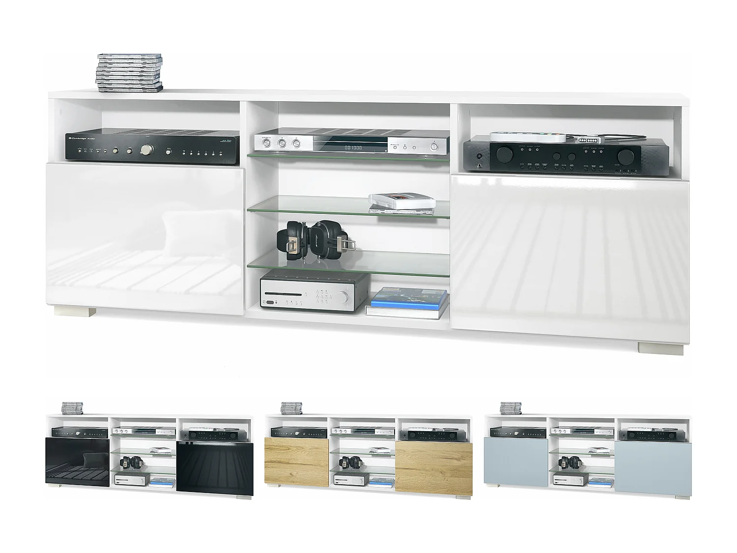 Meuble TV Granada, Lowboard avec 2 portes et 6 compartiments ouverts, corps blanc mat, façades en aspect béton oxyde (146 x 54 x 35 cm)