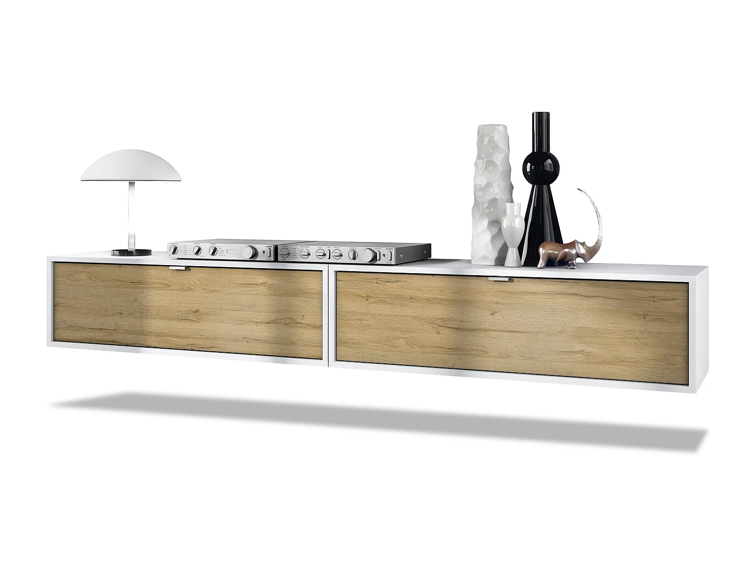 Ensemble de 2 set meuble TV Lana 100, lowboards de 100 x 29 x 37 cm chacun avec beaucoup d'espace de rangement, caisson en Blanc mat, façades en Chêne Nature