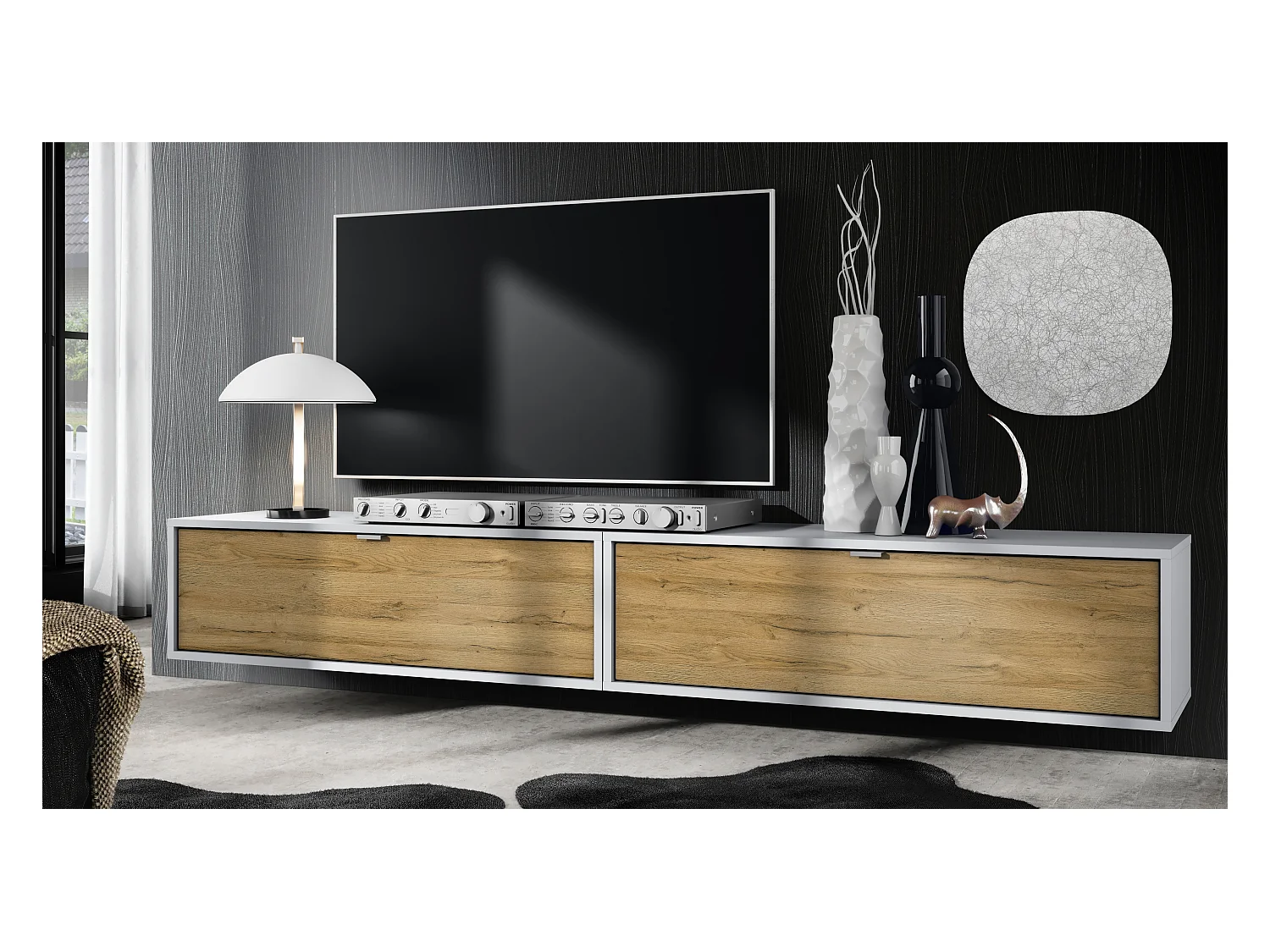 Ensemble de 2 set meuble TV Lana 100, lowboards de 100 x 29 x 37 cm chacun avec beaucoup d'espace de rangement, caisson en Blanc mat, façades en Chêne Nature