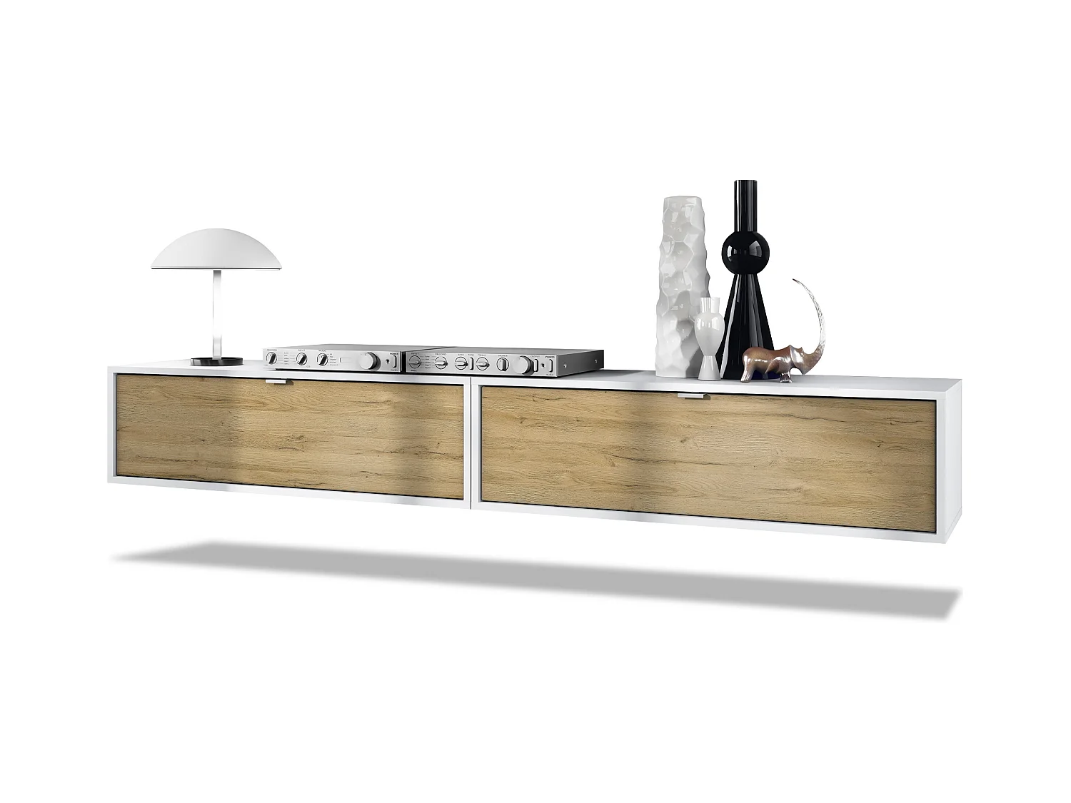 Ensemble de 2 set meuble TV Lana 100, lowboards de 100 x 29 x 37 cm chacun avec beaucoup d'espace de rangement, caisson en Blanc mat, façades en Chêne Nature