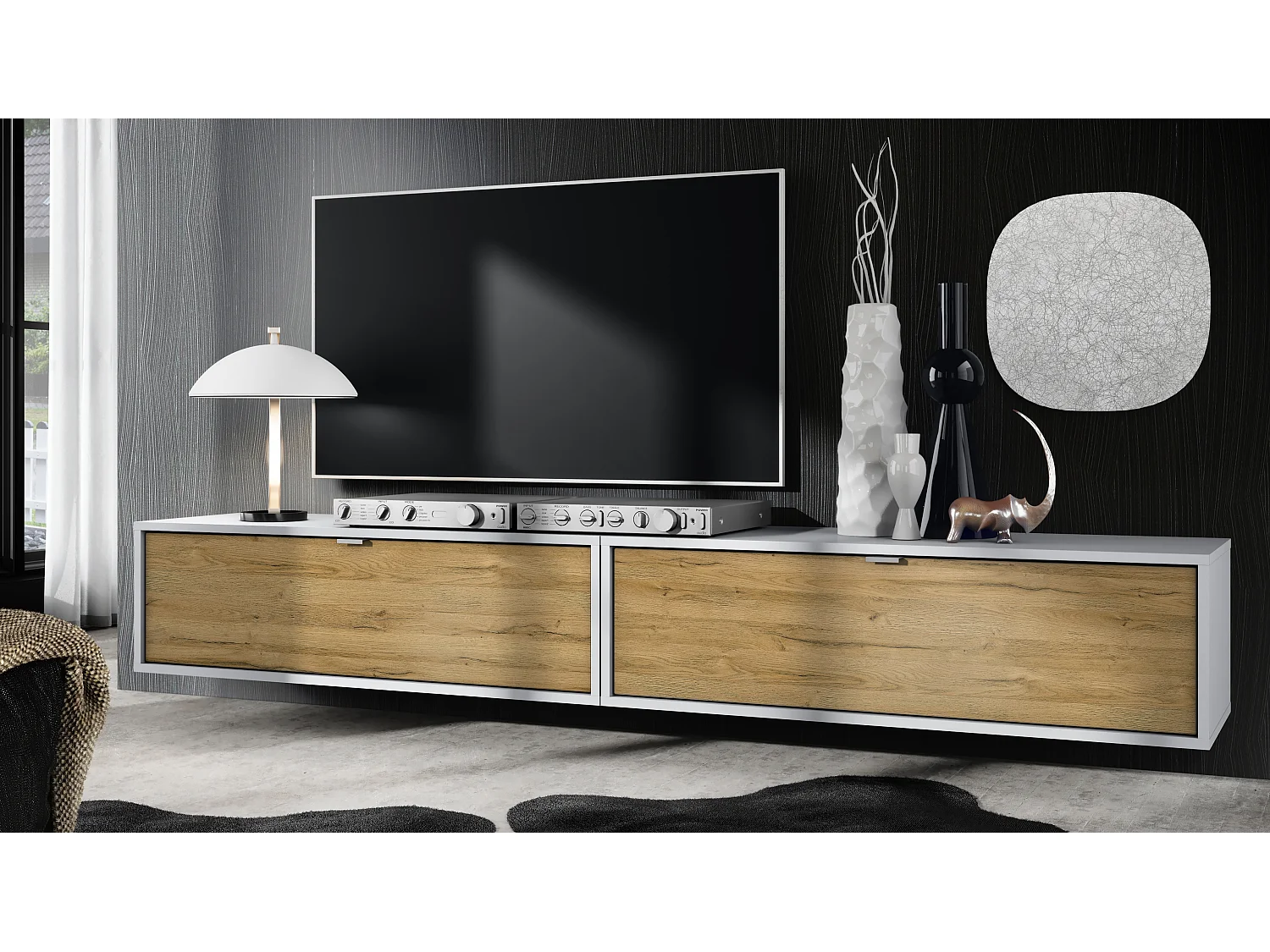 Set di mobili porta TV Lana 100 a parete Porta TV ciascuno 100 x 29 x 37 cm, struttura in bianco opaco, frontali in rovere Nature | Ampia scelta di colori