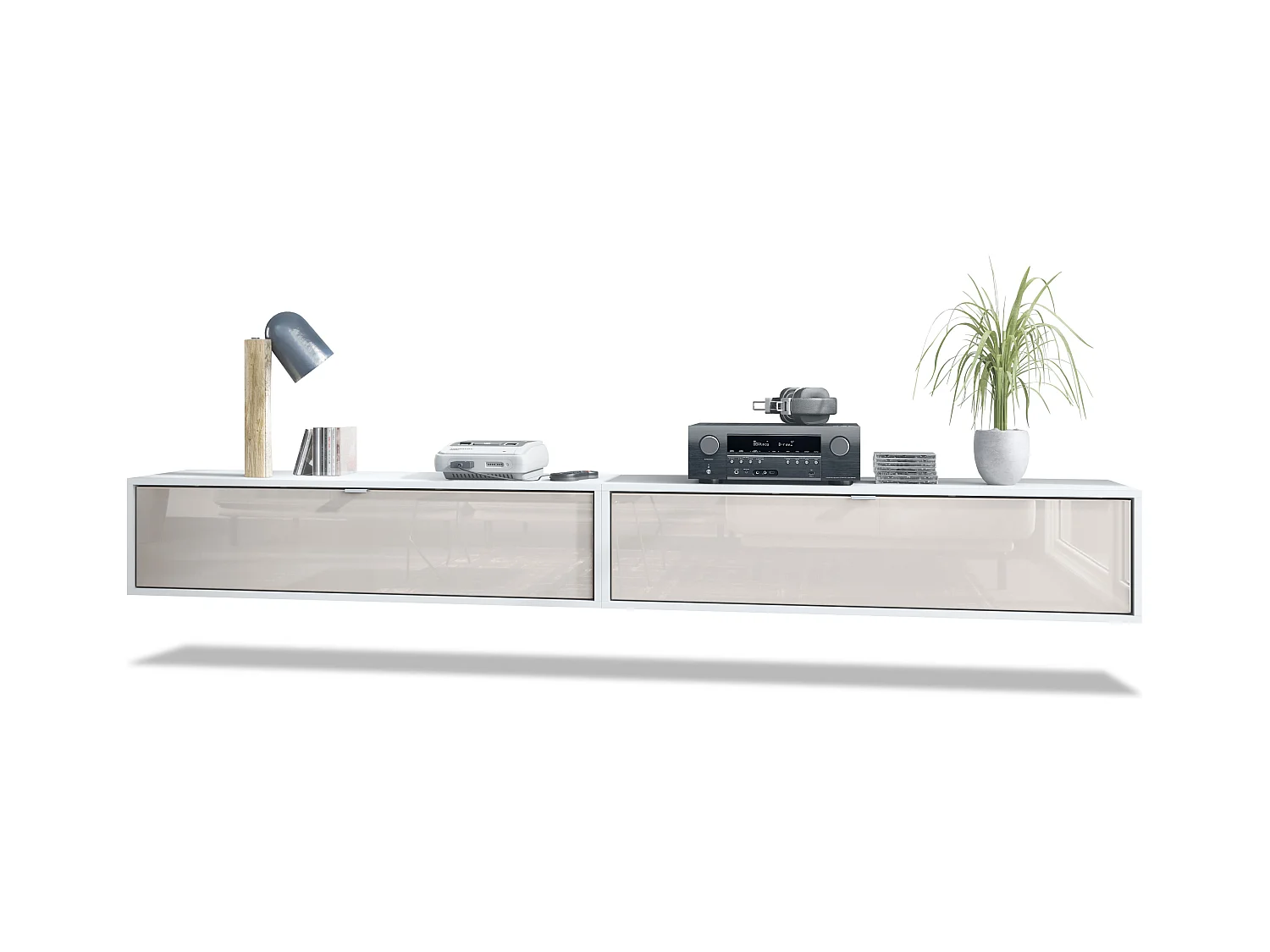 Ensemble de 2 set meuble TV Lana 120, lowboards de 120 x 29 x 37 cm chacun avec beaucoup d'espace de rangement, caisson en Blanc mat, façades en Gris sable brillant