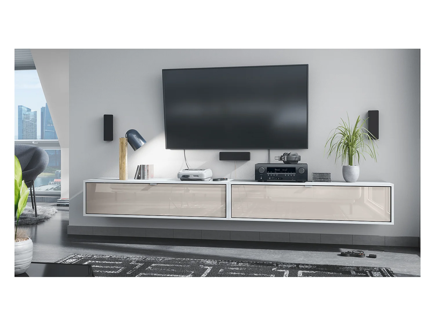 Ensemble de 2 set meuble TV Lana 120, lowboards de 120 x 29 x 37 cm chacun avec beaucoup d'espace de rangement, caisson en Blanc mat, façades en Gris sable brillant