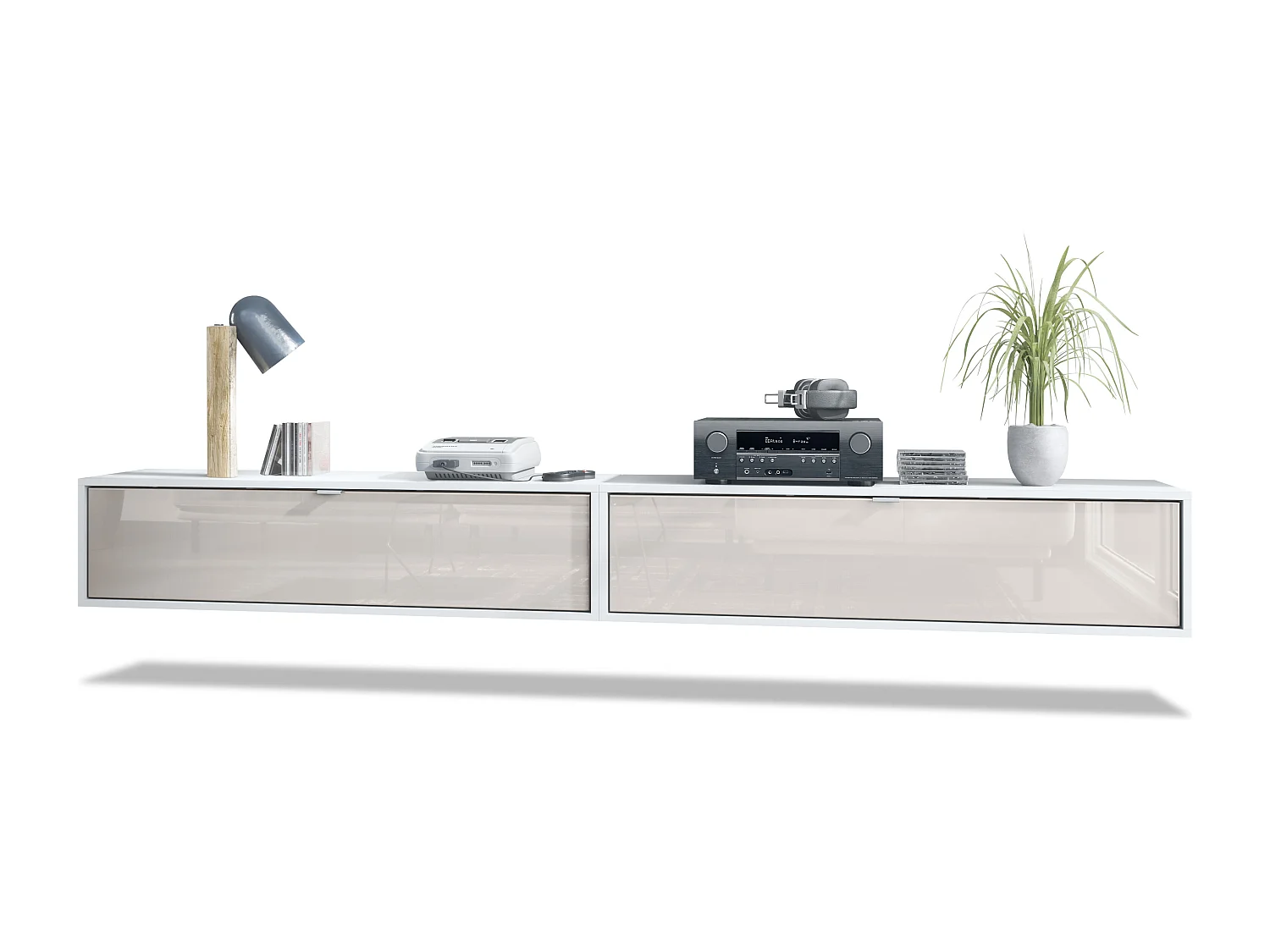 Ensemble de 2 set meuble TV Lana 120, lowboards de 120 x 29 x 37 cm chacun avec beaucoup d'espace de rangement, caisson en Blanc mat, façades en Gris sable brillant