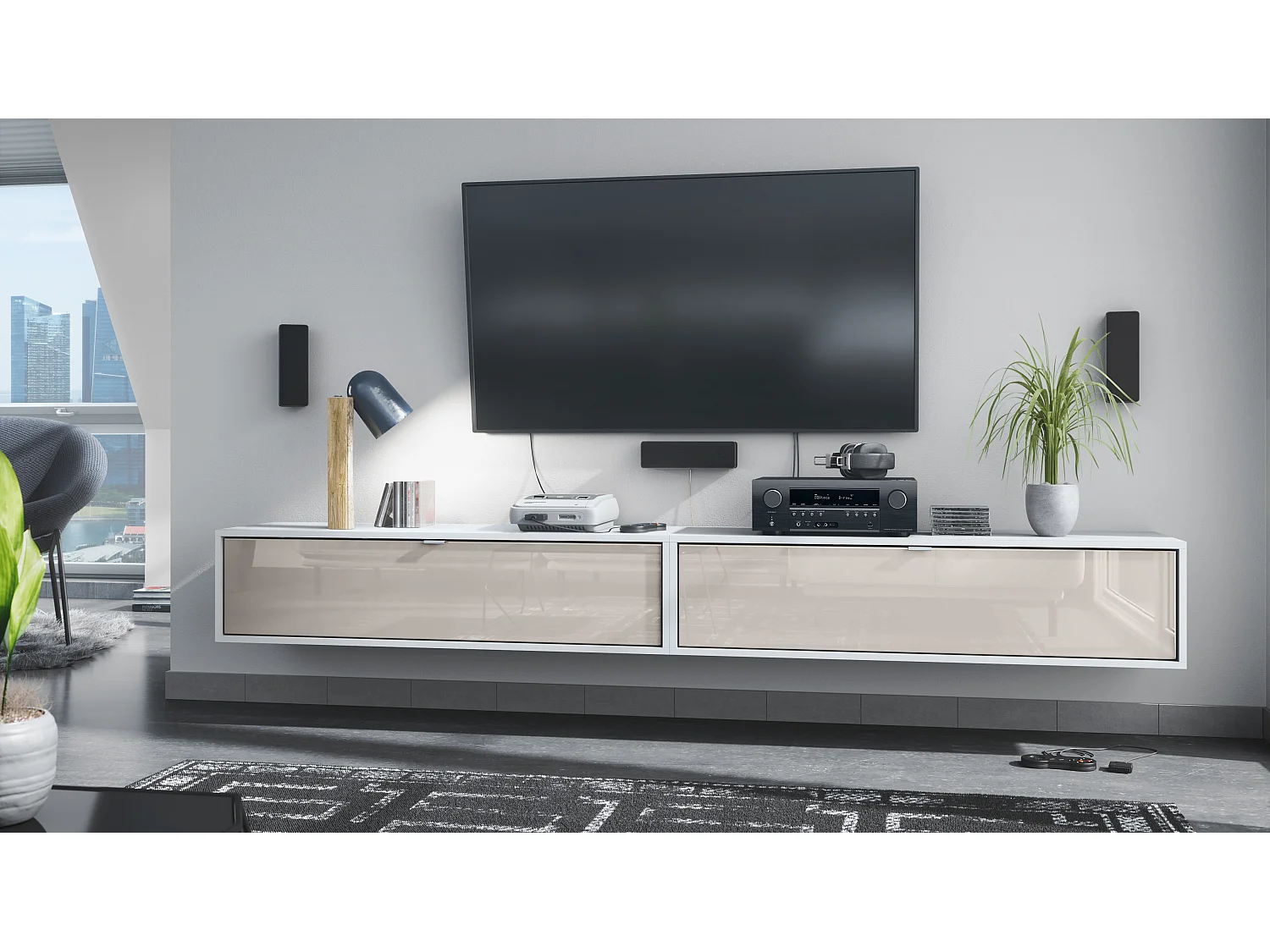 Ensemble de 2 set meuble TV Lana 120, lowboards de 120 x 29 x 37 cm chacun avec beaucoup d'espace de rangement, caisson en Blanc mat, façades en Gris sable brillant