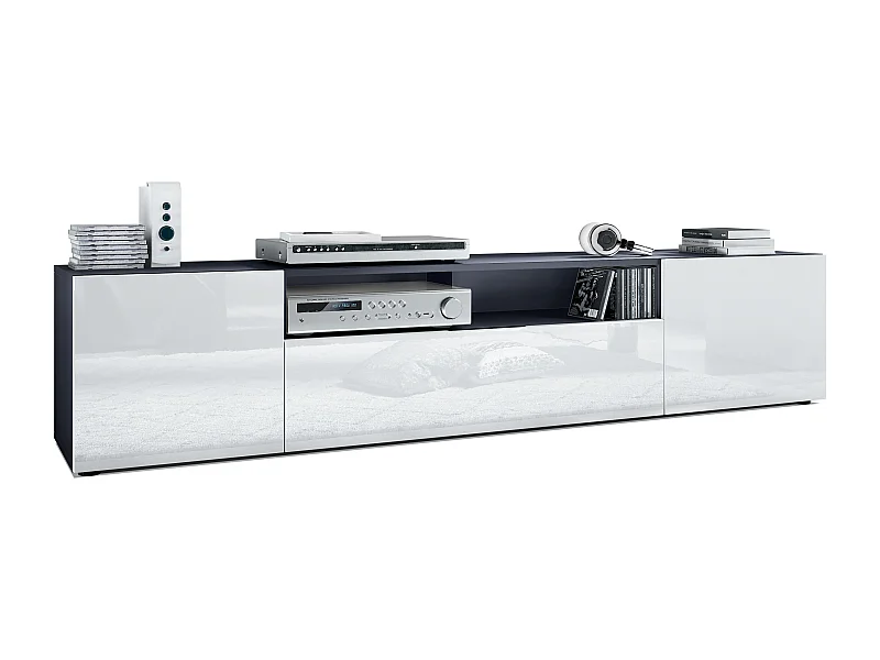 Lavagna TV Mogan 181 x 39 x 35 cm, lavagna lunga con 6 scomparti, corpo in antracite opaco, frontali in bianco High Gloss