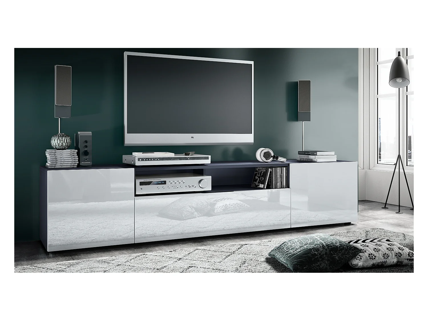 Meuble TV Mogan 181 x 39 x 35 cm, lowboard long avec 6 compartiments, caisson en anthracite mat, façades en Blanc haute brillance