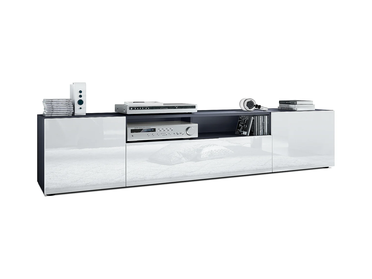 Meuble TV Mogan 181 x 39 x 35 cm, lowboard long avec 6 compartiments, caisson en anthracite mat, façades en Blanc haute brillance