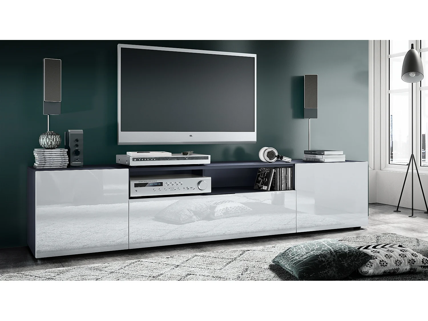 Lavagna TV Mogan 181 x 39 x 35 cm, lavagna lunga con 6 scomparti, corpo in antracite opaco, frontali in bianco High Gloss
