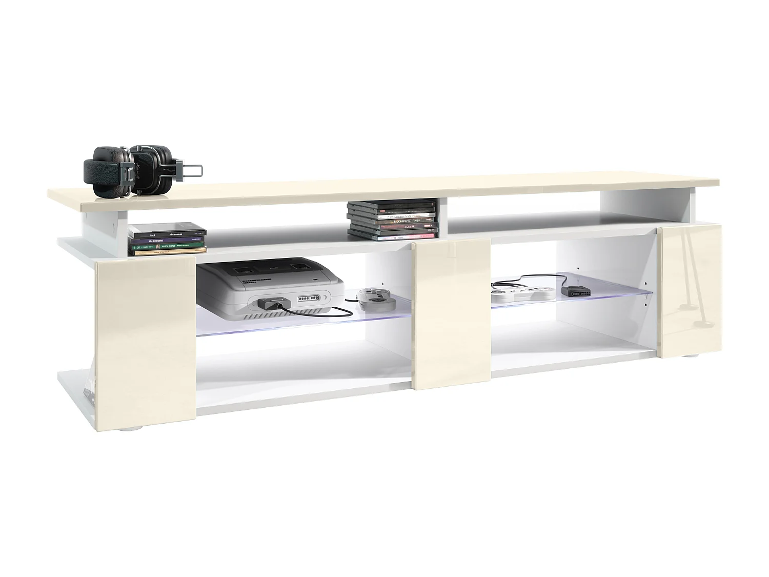 TV Board Movie V2 Game On Lowboard 138,5 x 39 x 39 cm éclairage LED inclus Blanc, caisson en blanc mat, façades en crème haute brillance