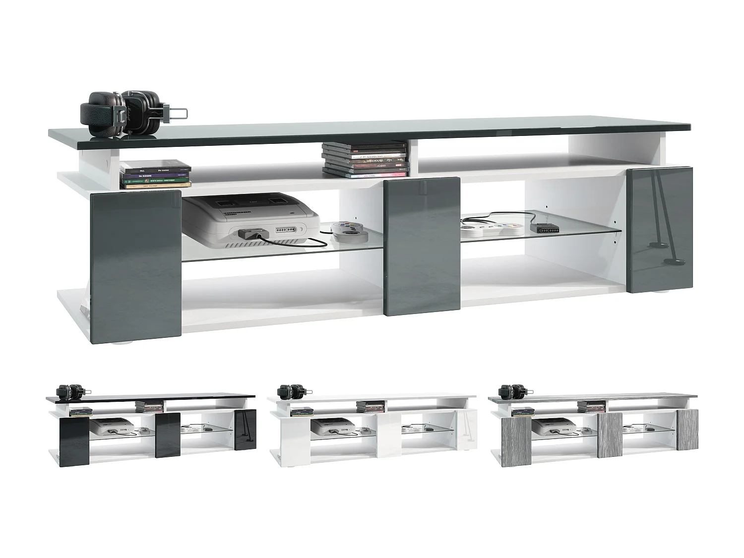 TV Board Movie V2 Game On Lowboard 138,5 x 39 x 39 cm éclairage LED inclus Blanc, caisson en blanc mat, façades en crème haute brillance