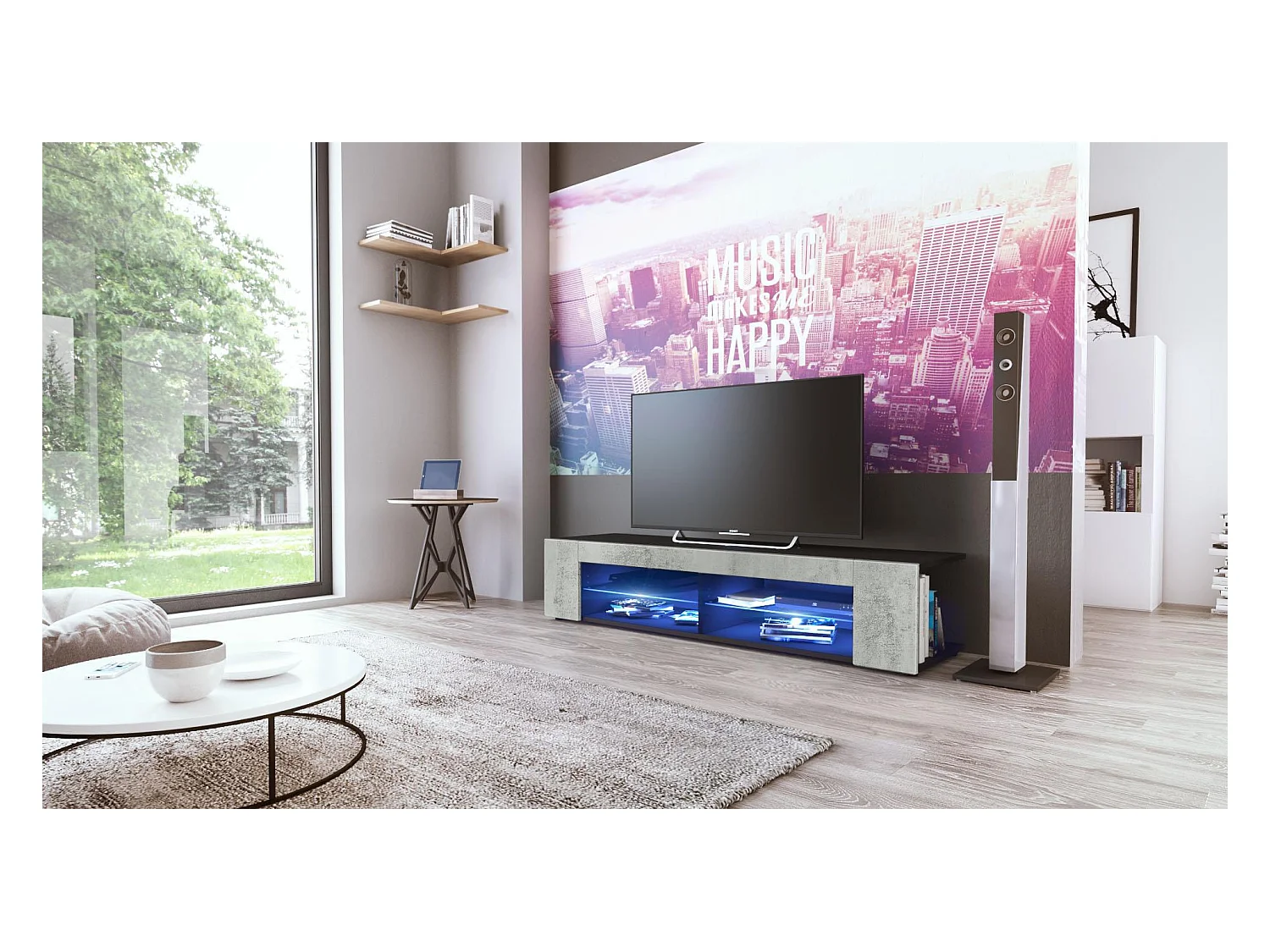 Buffet bas Movie, Meuble TV avec 4 compartiments ouverts et placages décoratifs, Noir mat/Aspect Béton Oxyde, éclairage LED bleu inclus (134 x 29 x 39 cm)