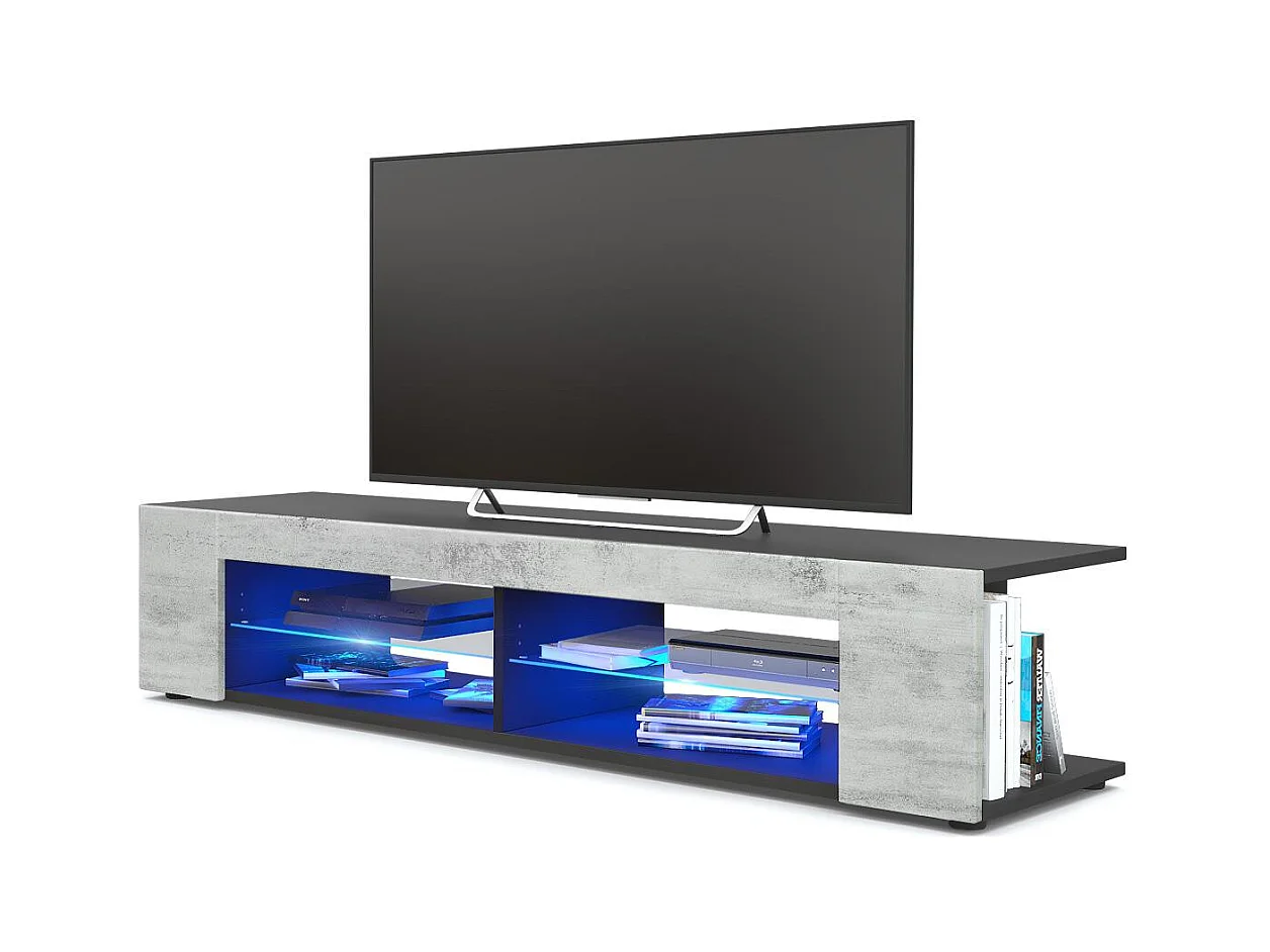 Buffet bas Movie, Meuble TV avec 4 compartiments ouverts et placages décoratifs, Noir mat/Aspect Béton Oxyde, éclairage LED bleu inclus (134 x 29 x 39 cm)