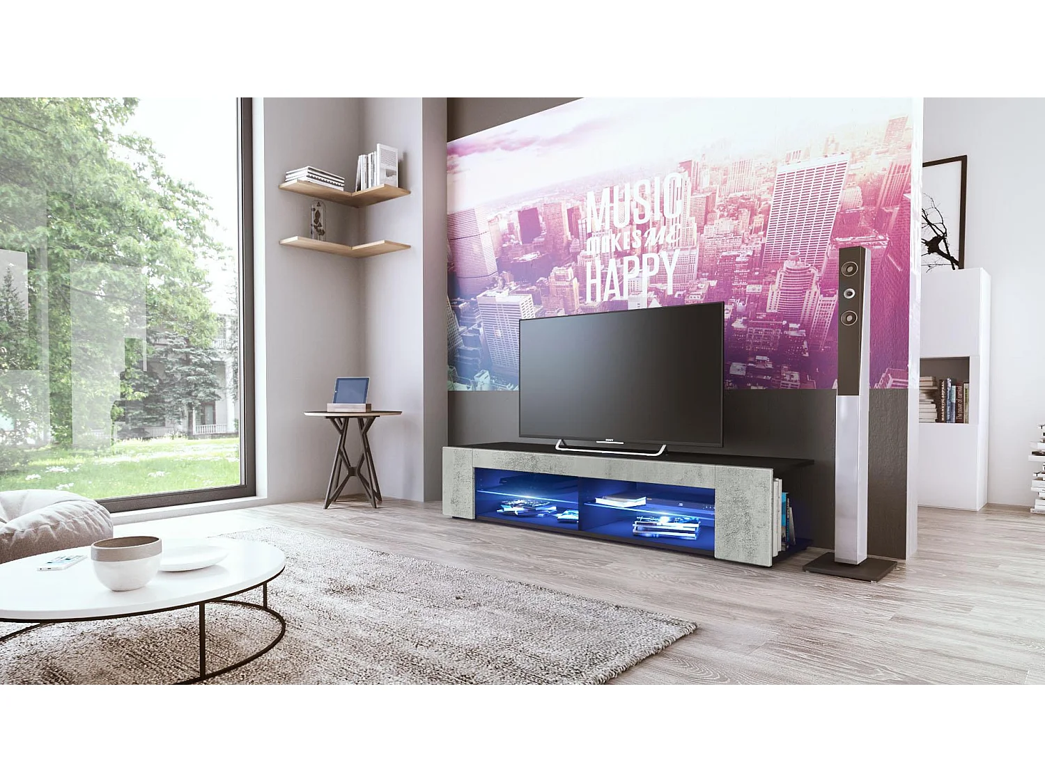 Buffet bas Movie, Meuble TV avec 4 compartiments ouverts et placages décoratifs, Noir mat/Aspect Béton Oxyde, éclairage LED bleu inclus (134 x 29 x 39 cm)
