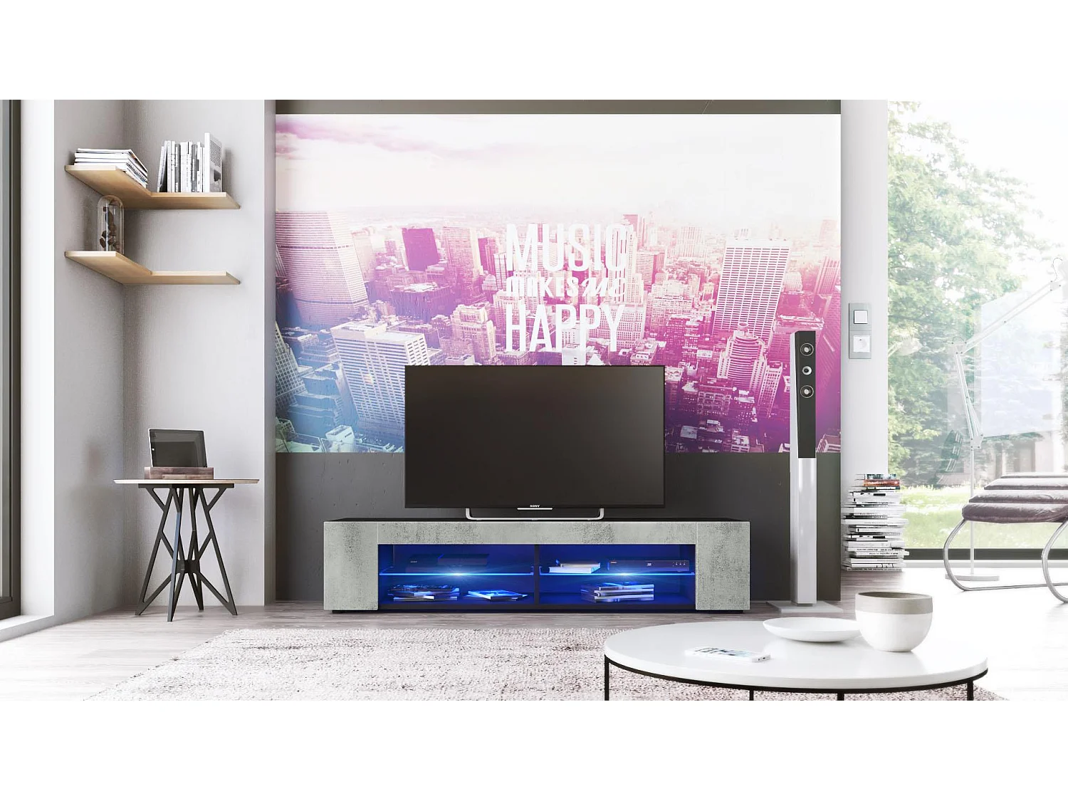 Buffet bas Movie, Meuble TV avec 4 compartiments ouverts et placages décoratifs, Noir mat/Aspect Béton Oxyde, éclairage LED bleu inclus (134 x 29 x 39 cm)
