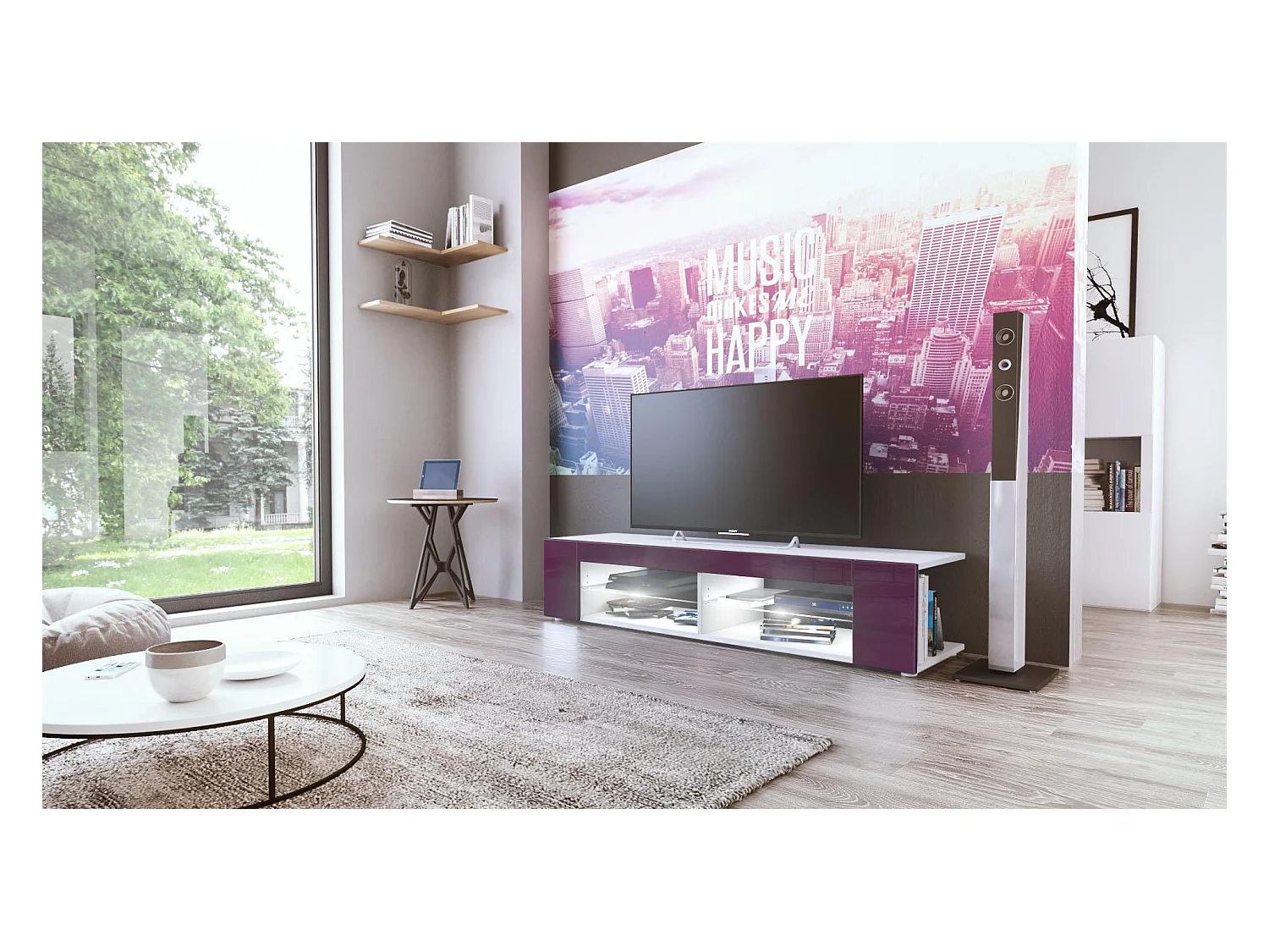 Buffet bas Movie, Meuble TV avec 4 compartiments ouverts et placages décoratifs, Blanc mat/Mûre brillant, éclairage LED blanc inclus (134 x 29 x 39 cm)