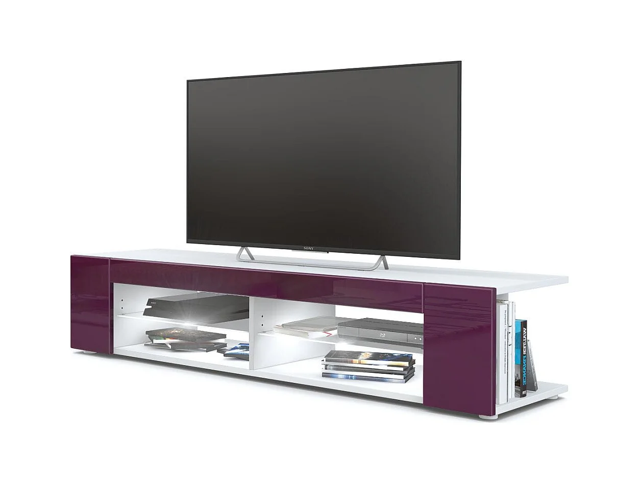 Buffet bas Movie, Meuble TV avec 4 compartiments ouverts et placages décoratifs, Blanc mat/Mûre brillant, éclairage LED blanc inclus (134 x 29 x 39 cm)