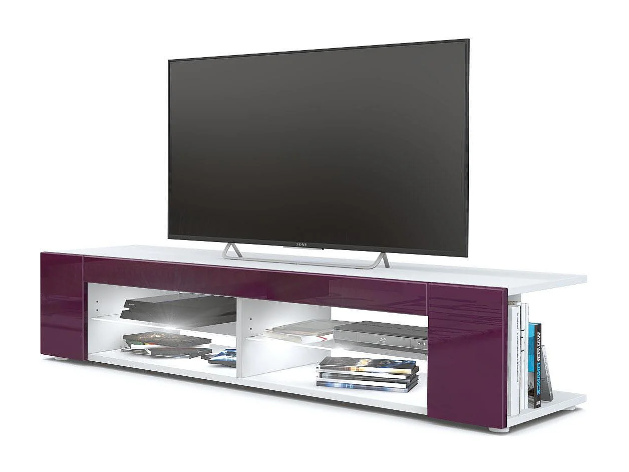 Buffet bas Movie, Meuble TV avec 4 compartiments ouverts et placages décoratifs, Blanc mat/Mûre brillant, éclairage LED blanc inclus (134 x 29 x 39 cm)