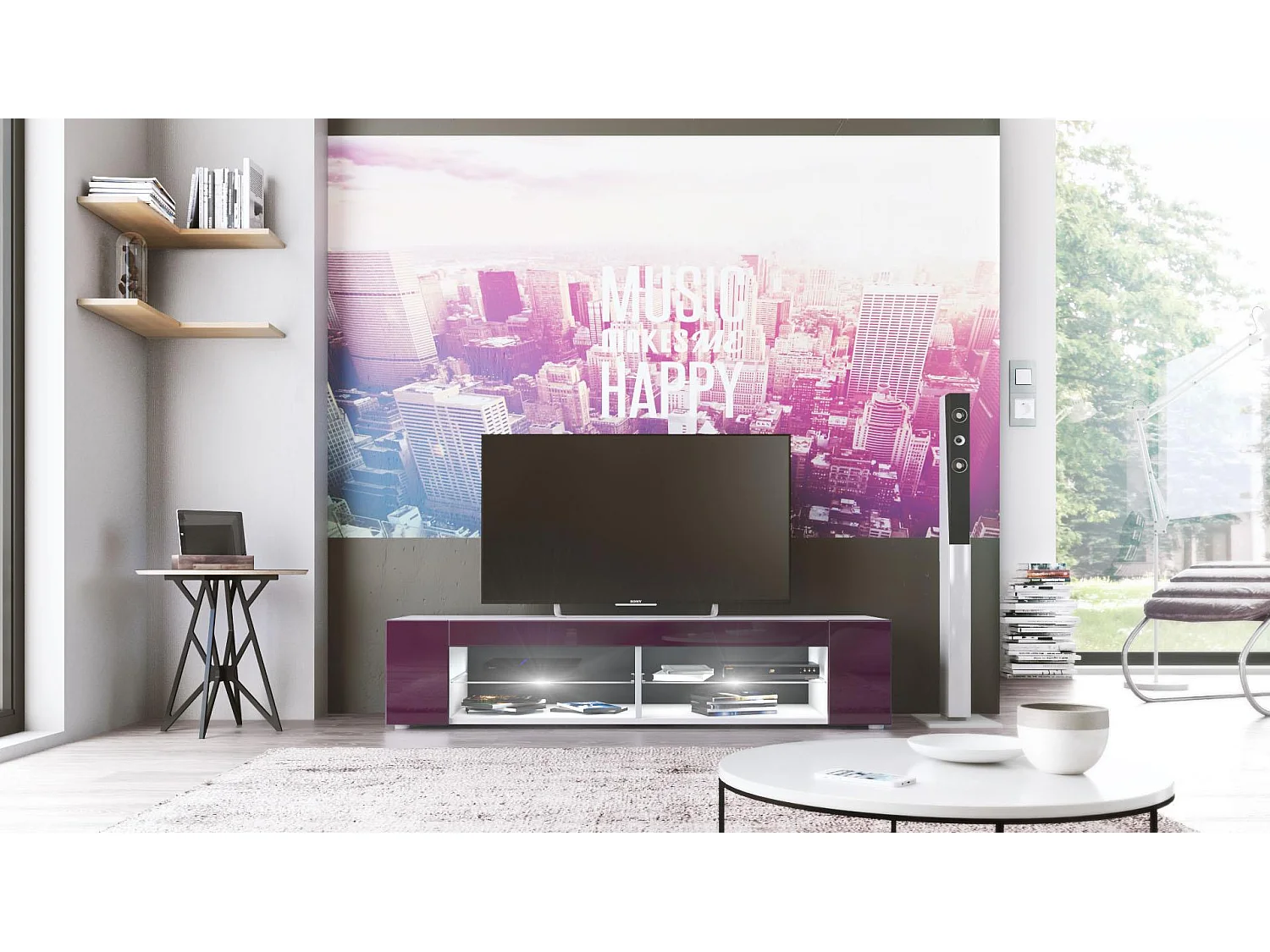 Buffet bas Movie, Meuble TV avec 4 compartiments ouverts et placages décoratifs, Blanc mat/Mûre brillant, éclairage LED blanc inclus (134 x 29 x 39 cm)