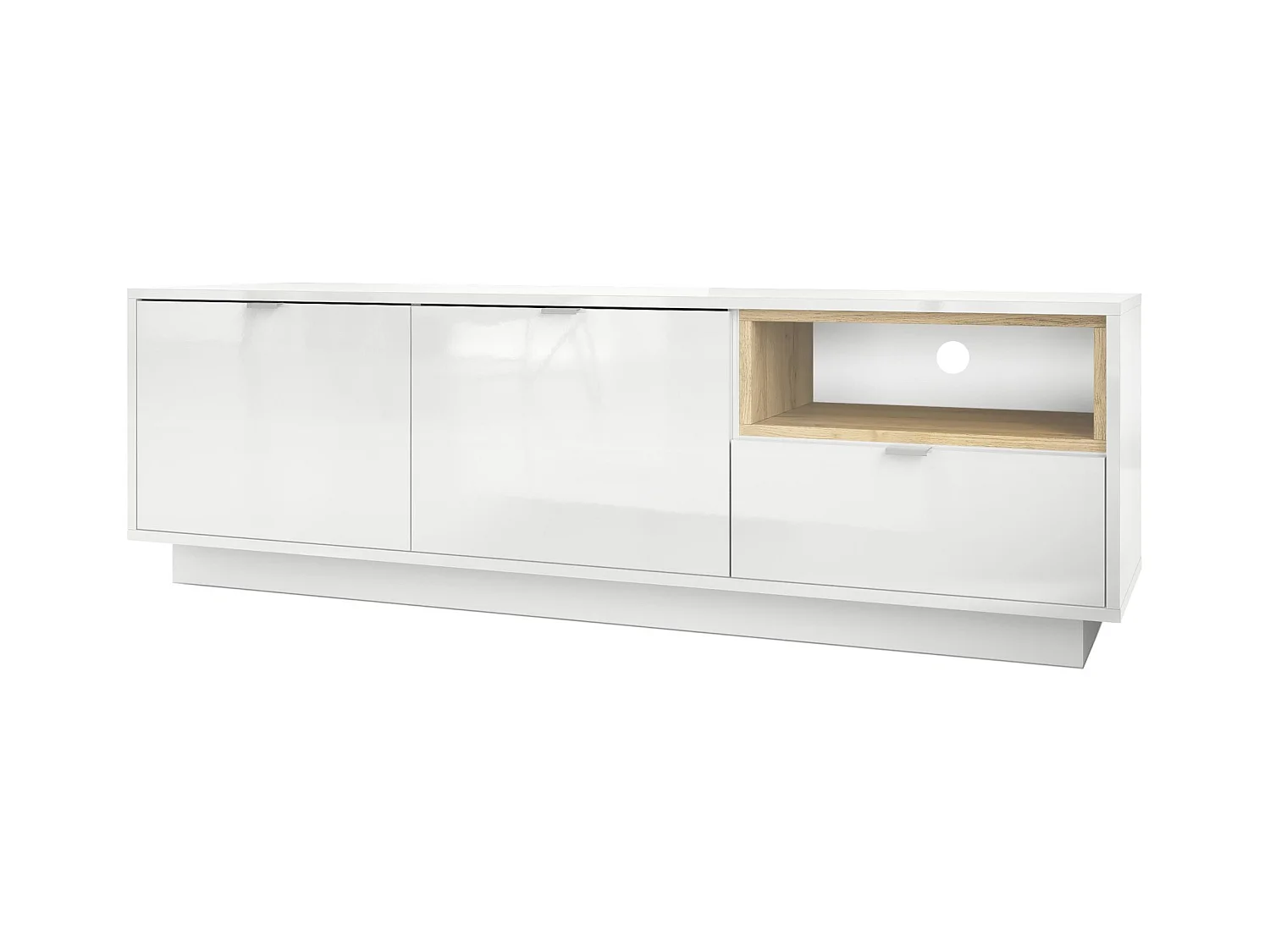 Meuble TV Armoire Metro, Corps en Blanc haute brillance / Façades en Blanc haute brillance avec une insertion en Chêne Nature