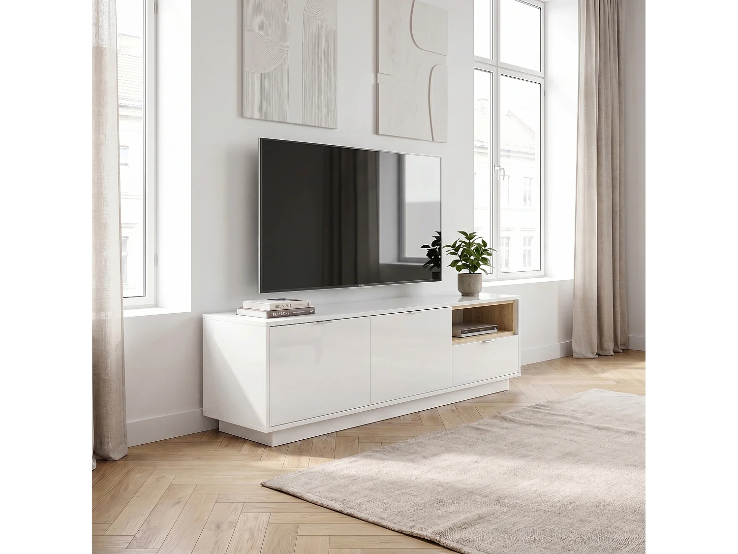 Mobile TV Metro, Struttura in bianco lucido / Frontale in bianco lucido con inserto in rovere naturale