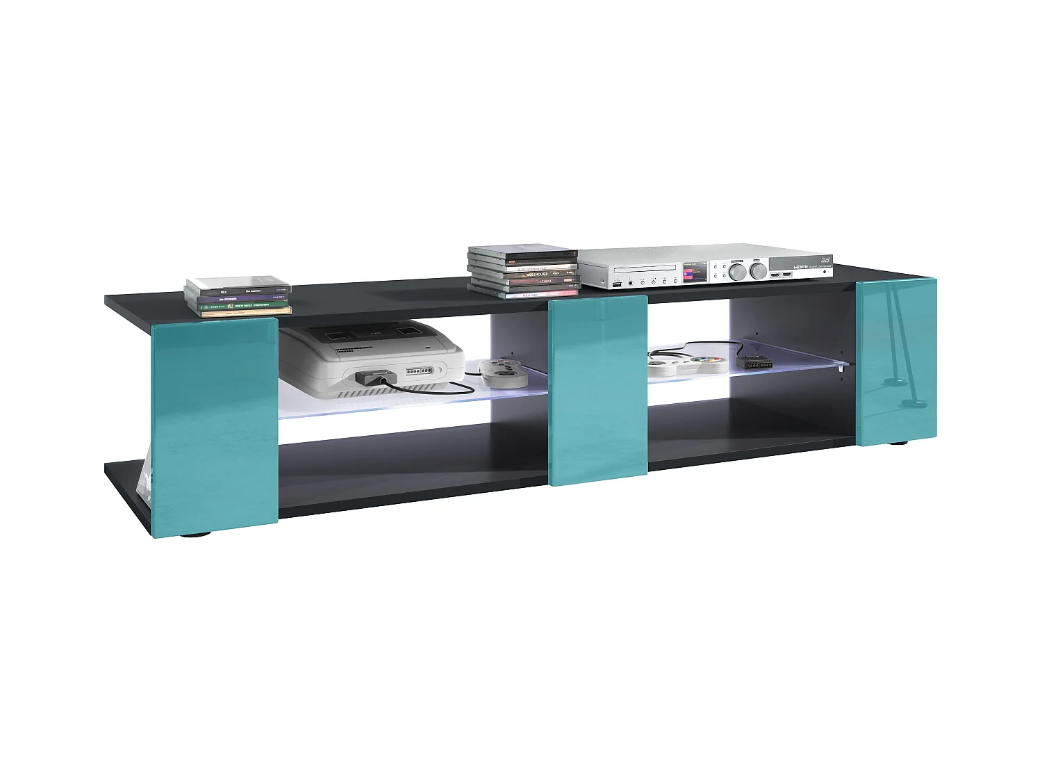Buffet bas Movie V2, Meuble TV avec 6 compartiments ouverts et placages décoratifs, Noir mat/Turquoise brillant, éclairage LED blanc inclus (134 x 29 x 39 cm)
