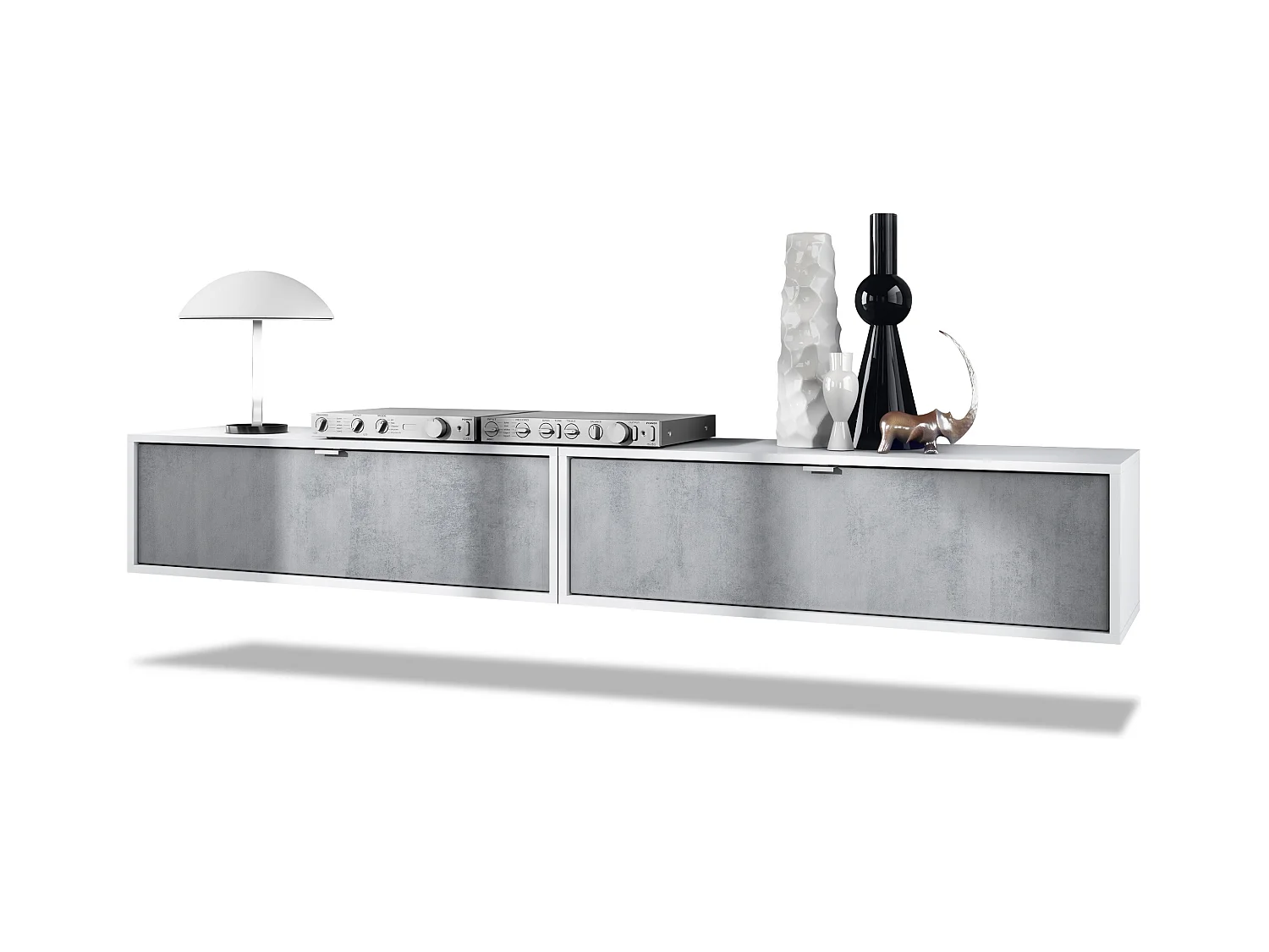 Ensemble de 2 set meuble TV Lana 100, lowboards de 100 x 29 x 37 cm chacun avec beaucoup d'espace de rangement, caisson en Blanc mat, façades en Aspect Béton Oxyde