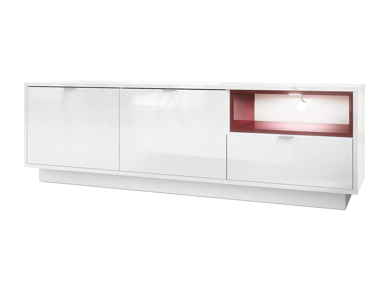 Meuble TV Armoire Metro, Corps en Blanc haute brillance / Façades en Blanc haute brillance avec une insertion en Bordeaux haute brillance, incl. L'éclairage LED