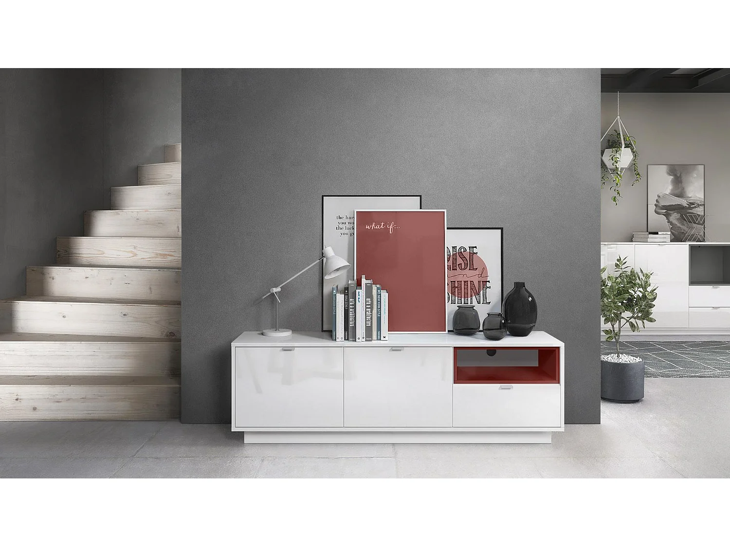 Meuble TV Armoire Metro, Corps en Blanc haute brillance / Façades en Blanc haute brillance avec une insertion en Bordeaux haute brillance, incl. L'éclairage LED