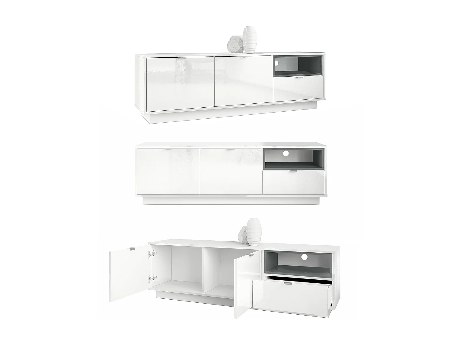 Meuble TV Armoire Metro, Corps en Blanc haute brillance / Façades en Blanc haute brillance avec une insertion en Bordeaux haute brillance, incl. L'éclairage LED